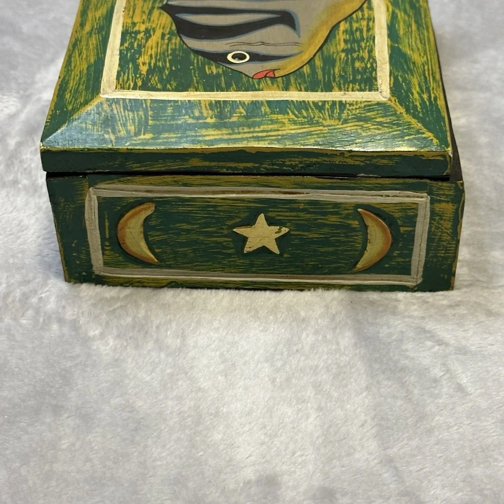 Vintage‎ Hinged Wooden Box Hand Painted Fish Moon & Stars Green Colorful